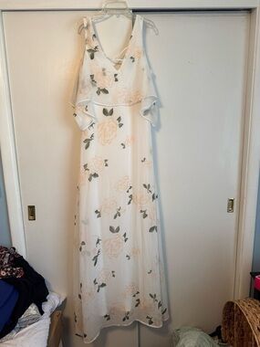 Lulu's Cream Maxi Dress with Blush Floral Print and Olive Leaves